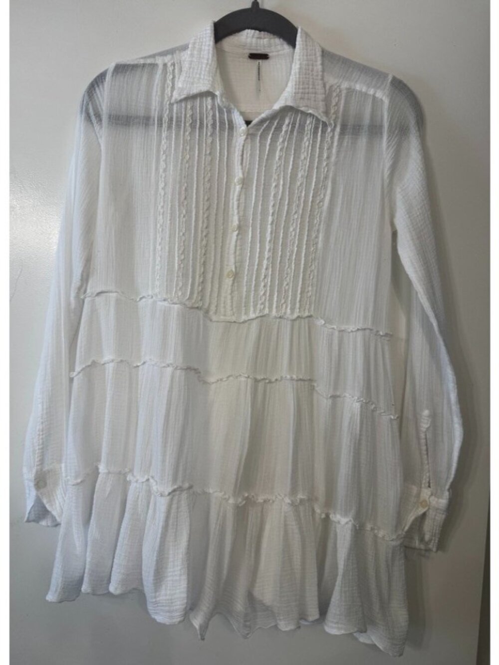Free People Tiered Peasant Tuxedo Button Down Blouse White Gauze Tunic Babydoll - Picture 2 of 11